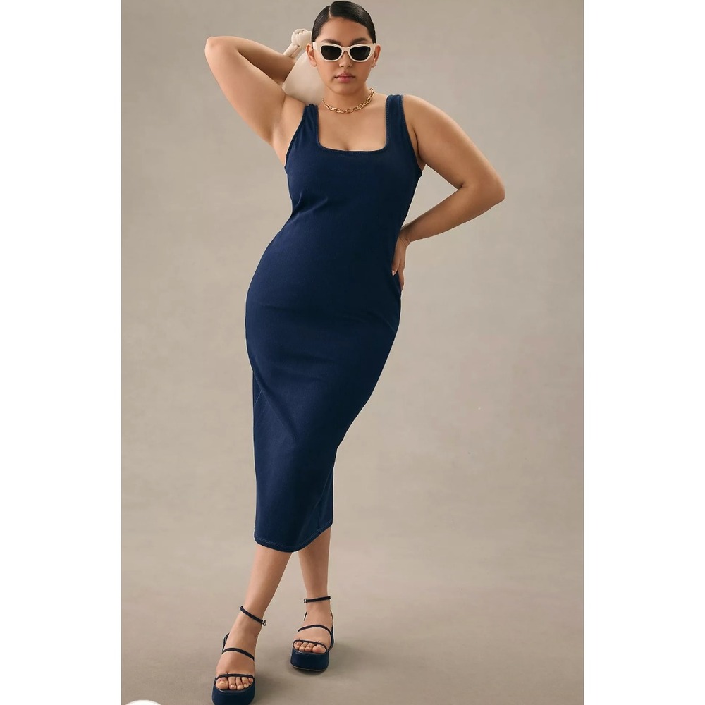 Good American Women Dark Wash Denim Look Midi Bodycon Dress GDK0155 Size 6